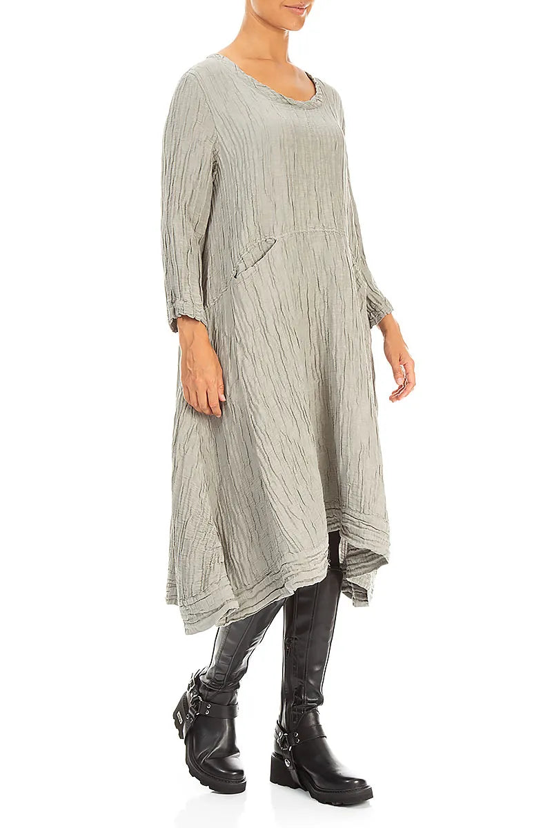 A-Line Olive Grey Crinkled Silk Linen Dress 3