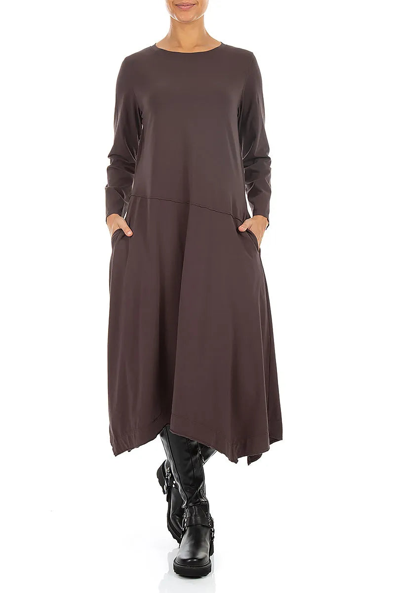 Robe évasée asymétrique en Coton Brun truffe