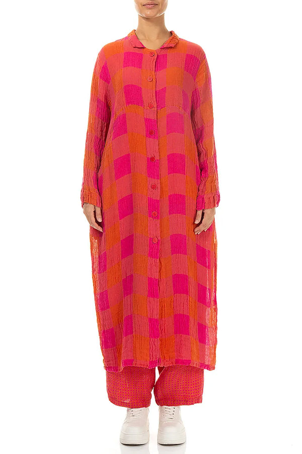 Balloon Large Check Pink Orange Gauze Linen Jacket Dress 1