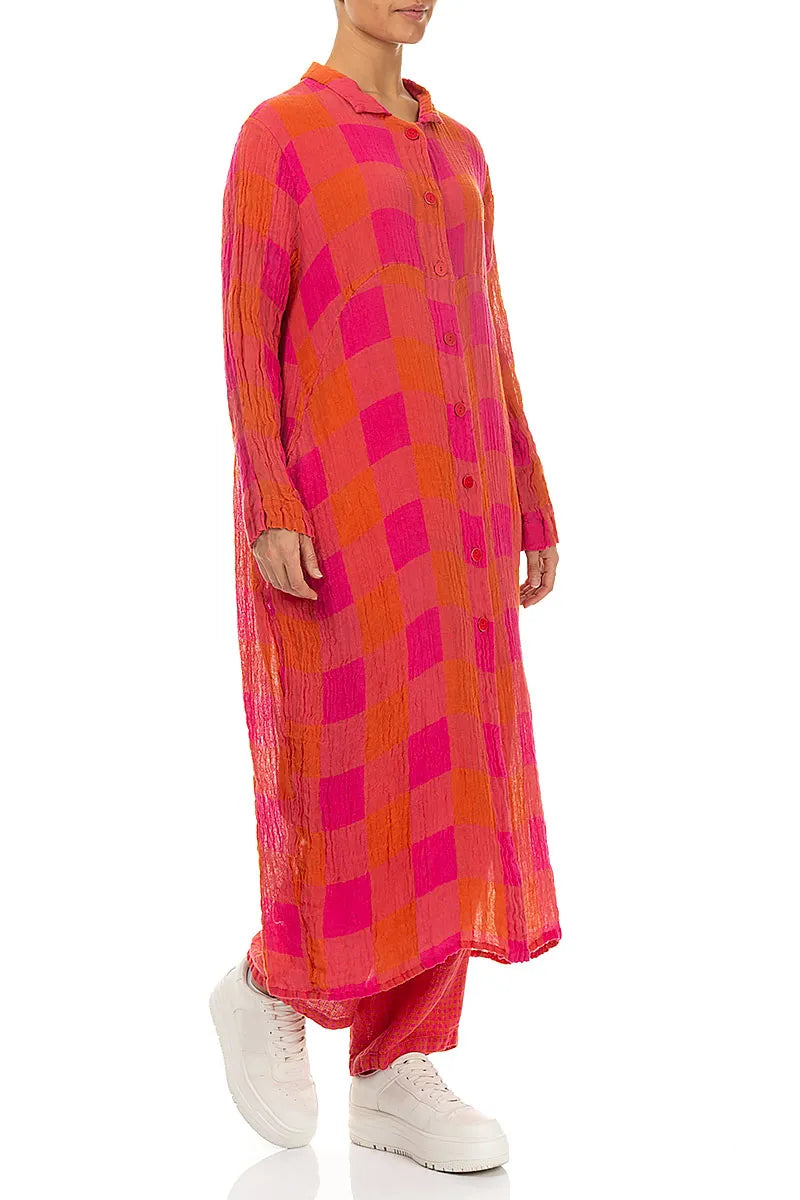 Balloon Large Check Pink Orange Gauze Linen Jacket Dress 3