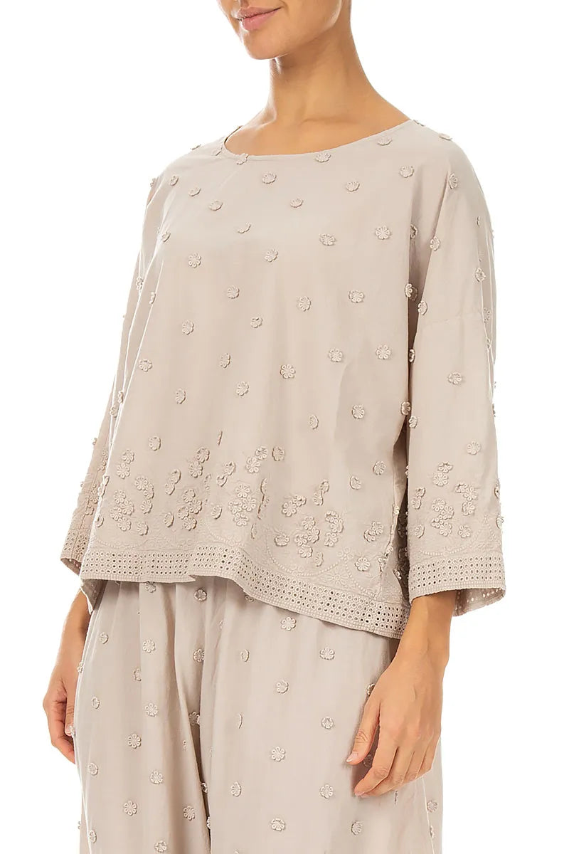 Beige Floral Embroidered Cotton Blouse 3