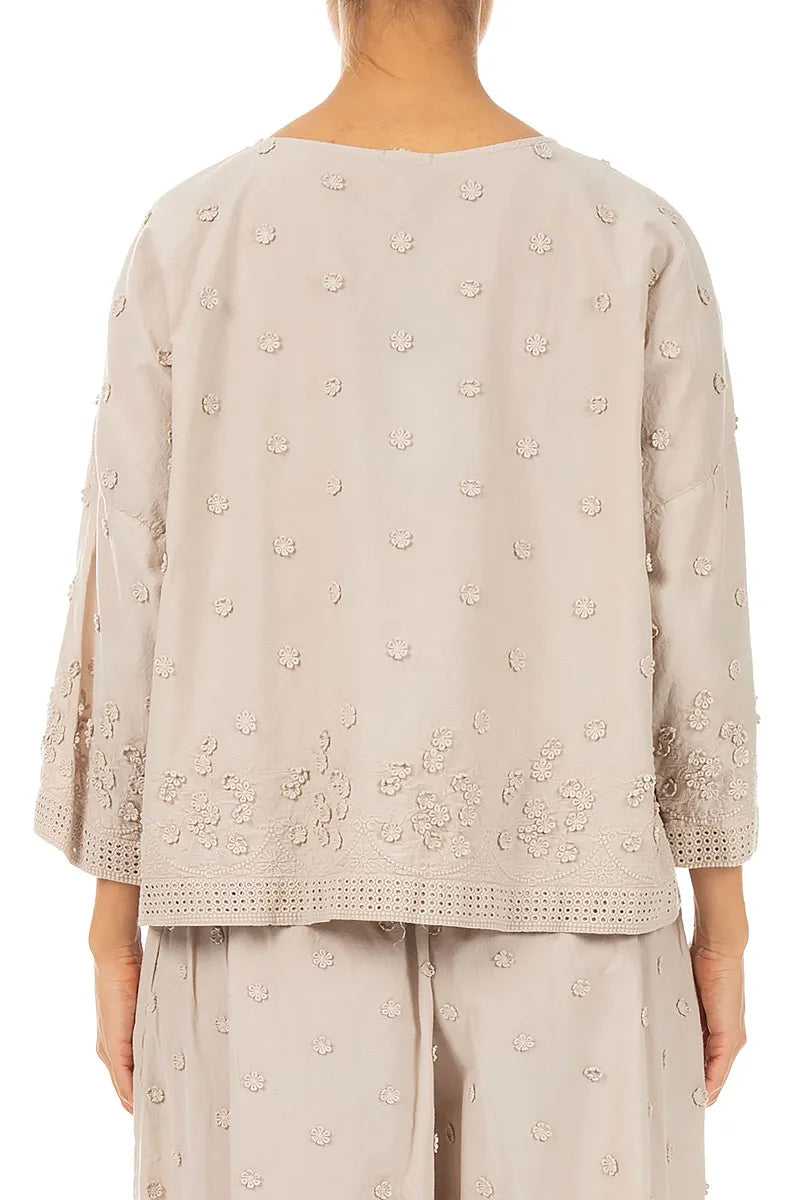 Beige Floral Embroidered Cotton Blouse 2