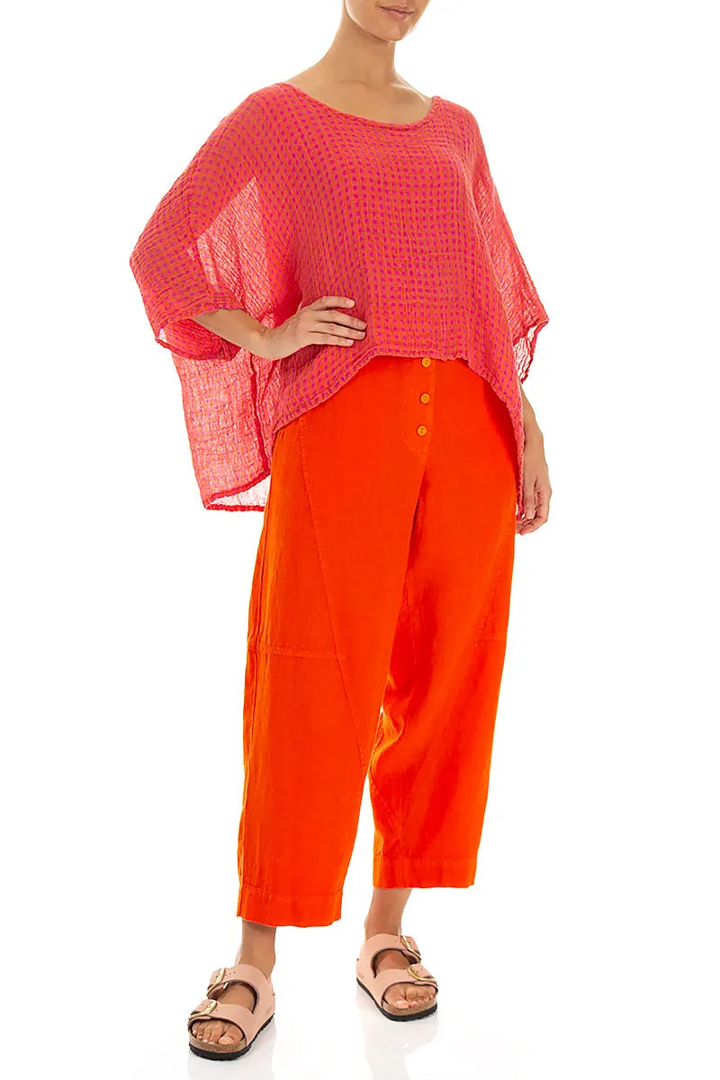 Boxy Pink Orange Check Gauze Linen Blouse 4