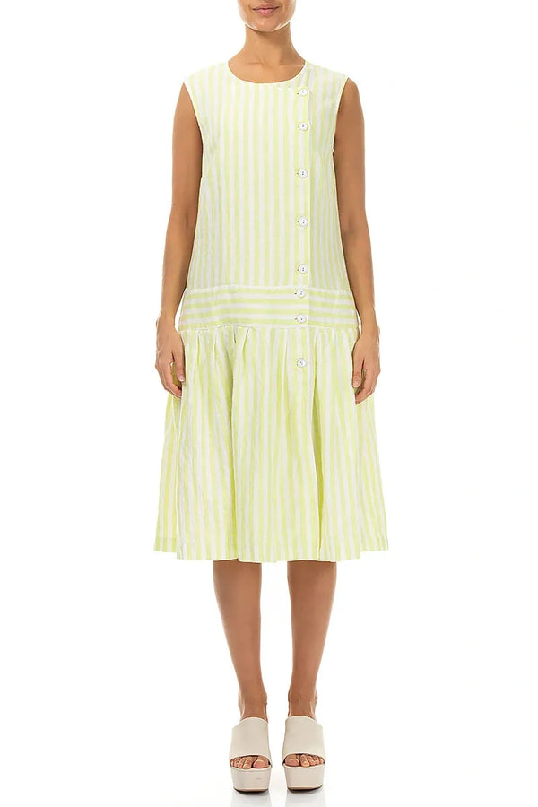 Button Detail Lime Striped Linen Dress 1