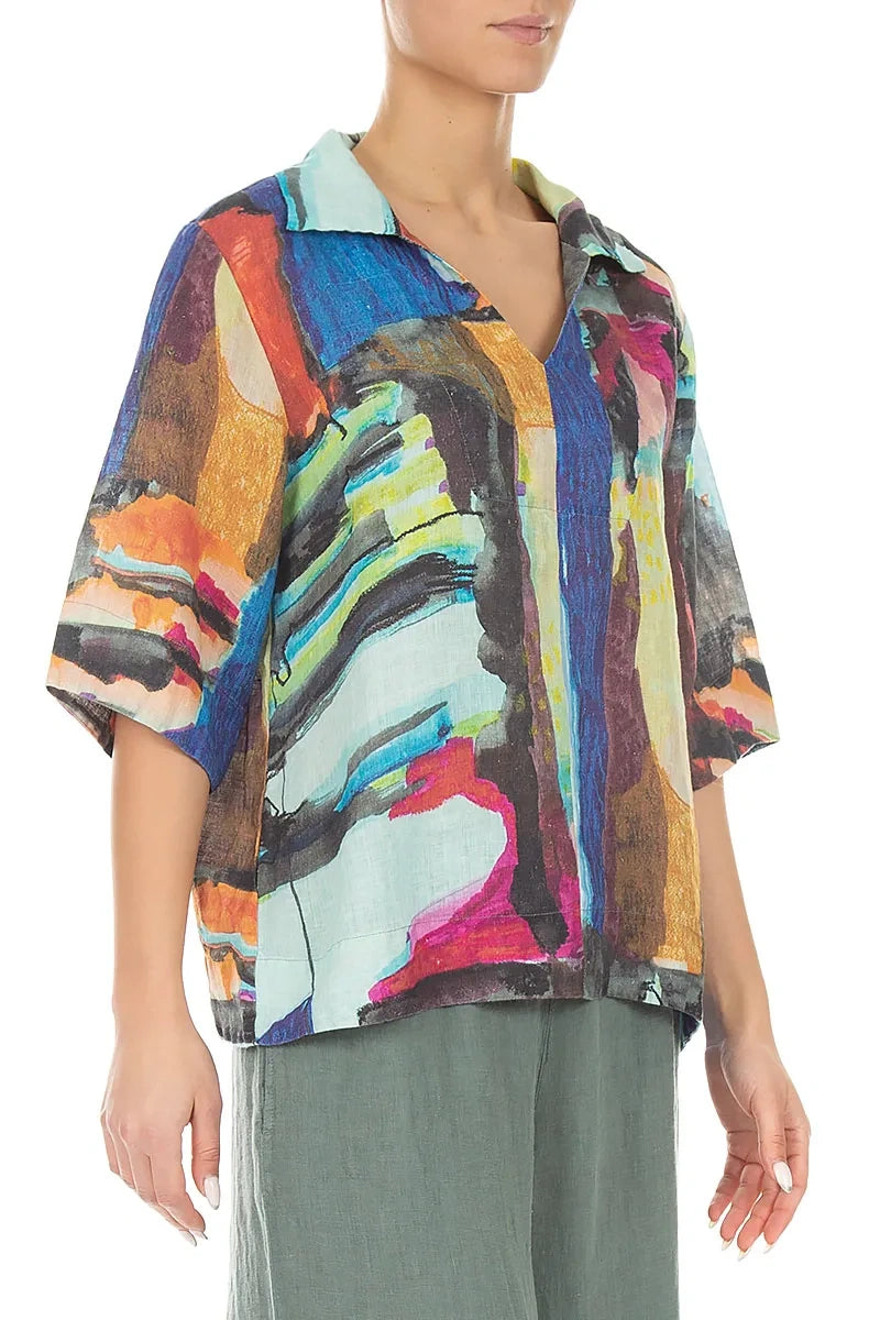 Collar Neck Abstract Linen Blouse 3