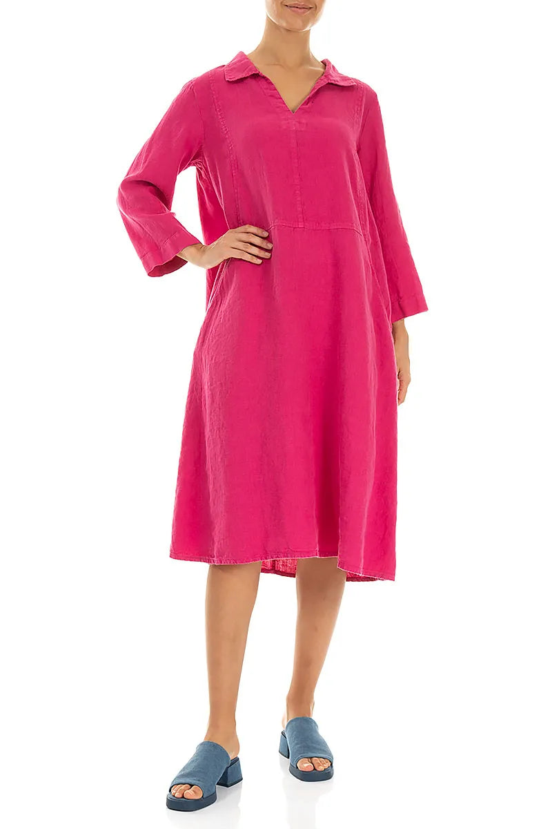Collar Neck Fuchsia Linen Dress 4