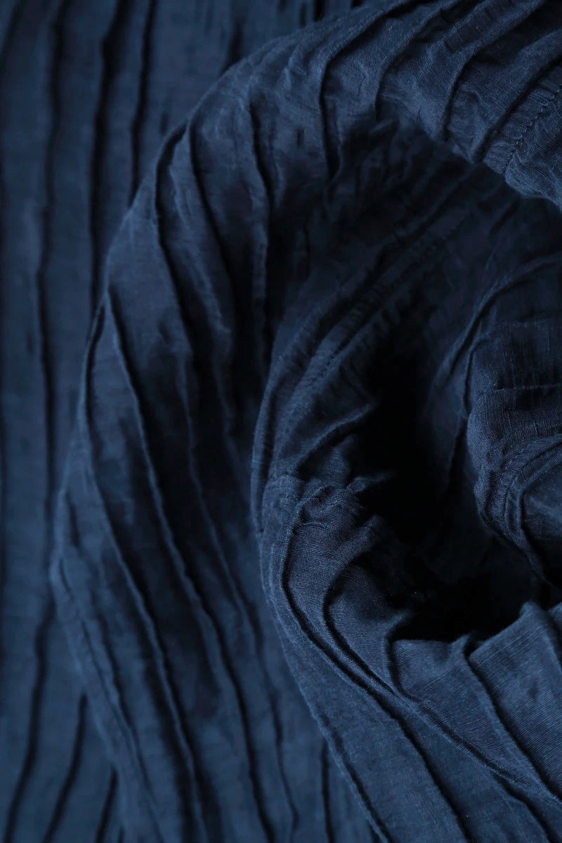 Cowl Neck Crinkled Navy Silk Linen Blouse 5