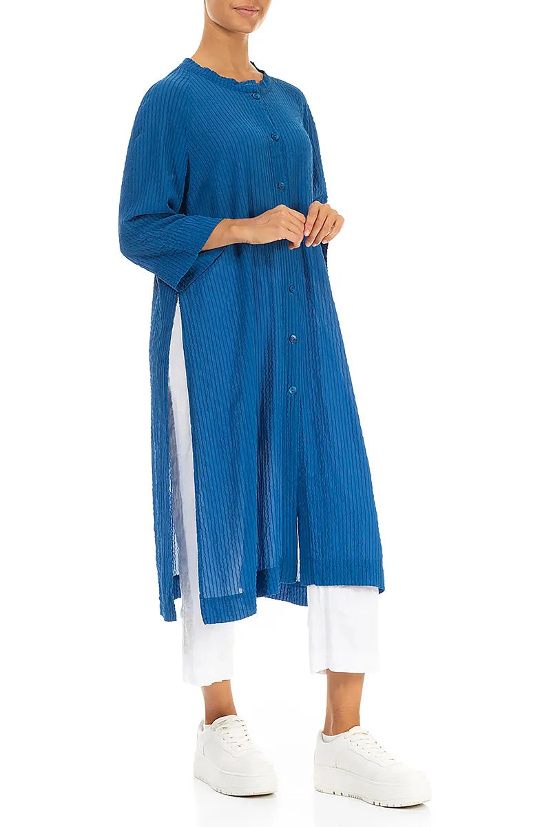 Deep Slit Cobalt Blue Striped Silk Jacket 3
