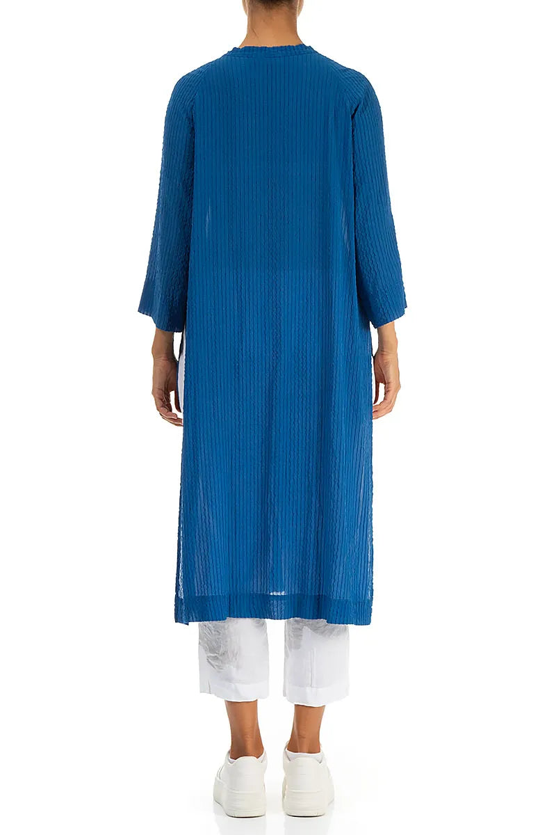Deep Slit Cobalt Blue Striped Silk Jacket 2
