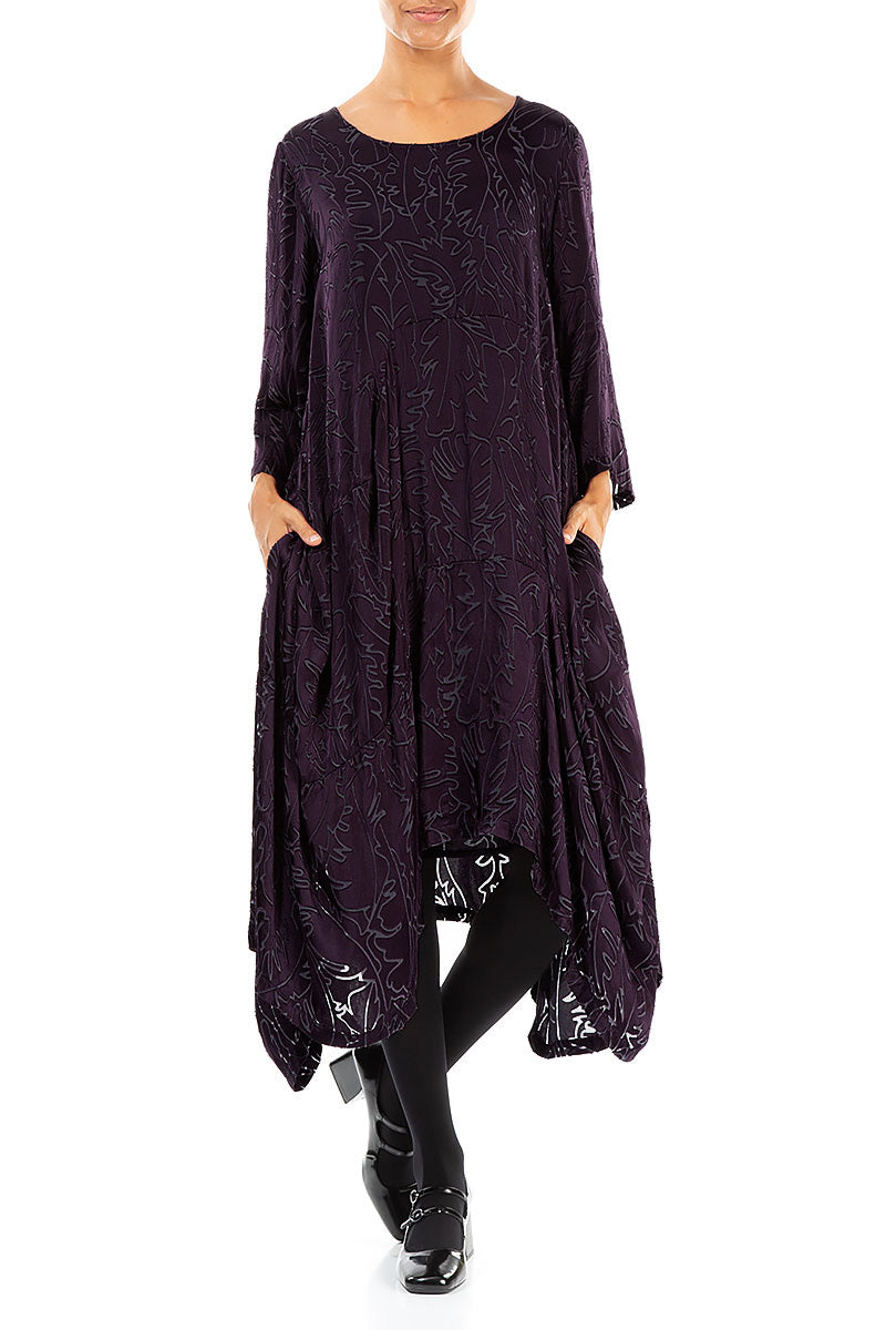 Draped Deep Plum Devoré Feather Silk Dress