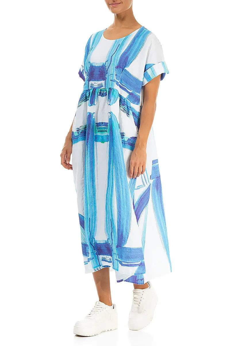 Empire Waist Blue Brushstroke Linen Dress 4