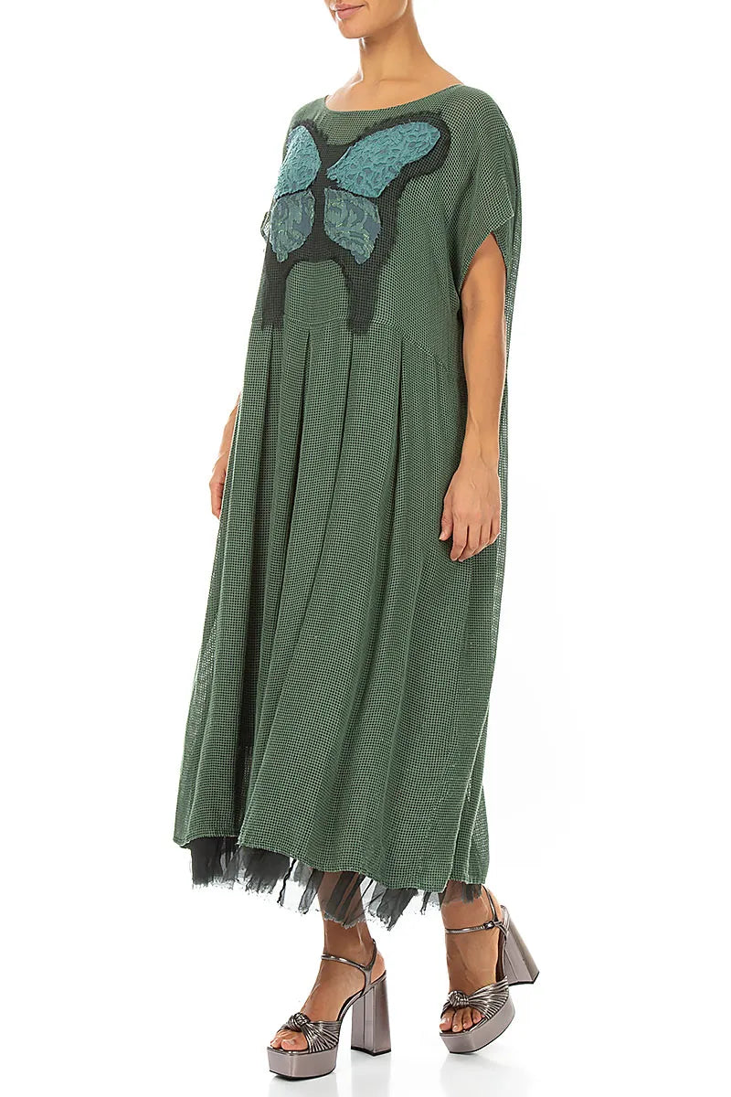 Flared Butterfly Sage Mesh Silk Dress 4