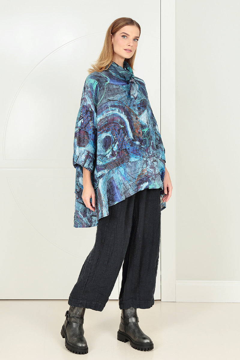 Flared Crinkled Blue Reverie Silk Shirt 1
