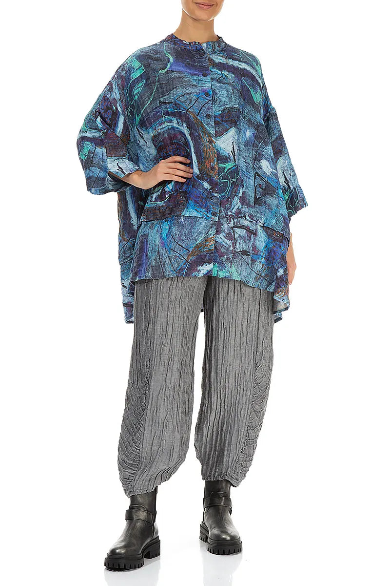 Flared Crinkled Blue Reverie Silk Shirt 5