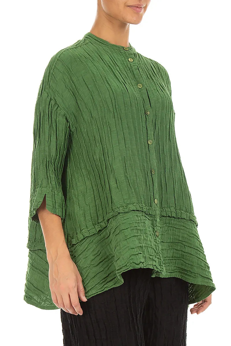 Flared Crinkled Shamrock Green Silk Linen Shirt 3