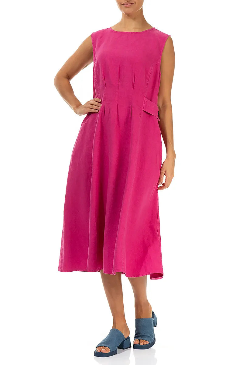Waist Detail Sleeveless Fuchsia Linen Dress 3