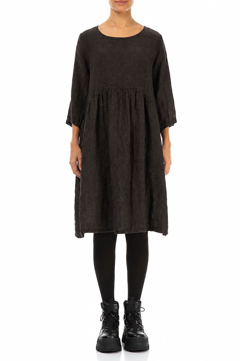 Flared Truffle Brown Mélange Linen Midi Dress 1