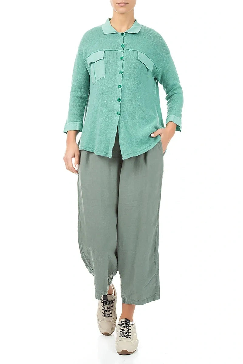 Front Pocket Mint Linen Cardigan 3