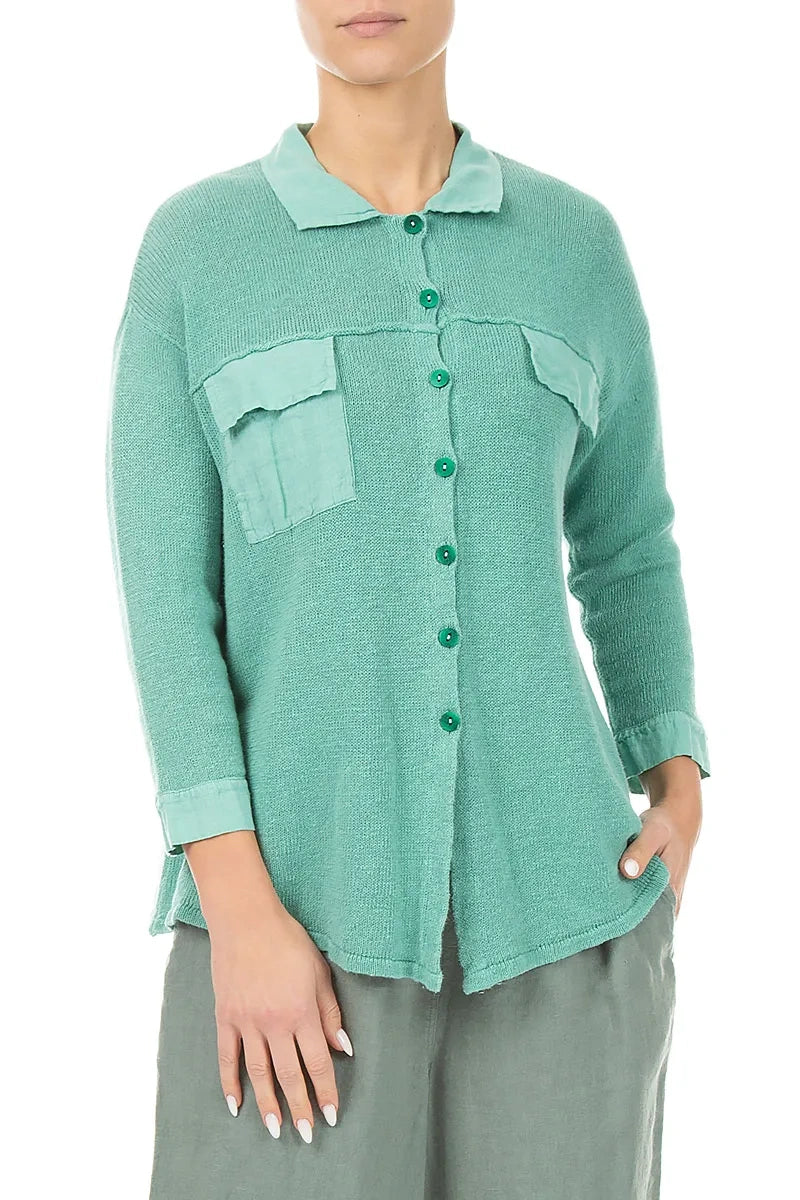 Front Pocket Mint Linen Cardigan 4