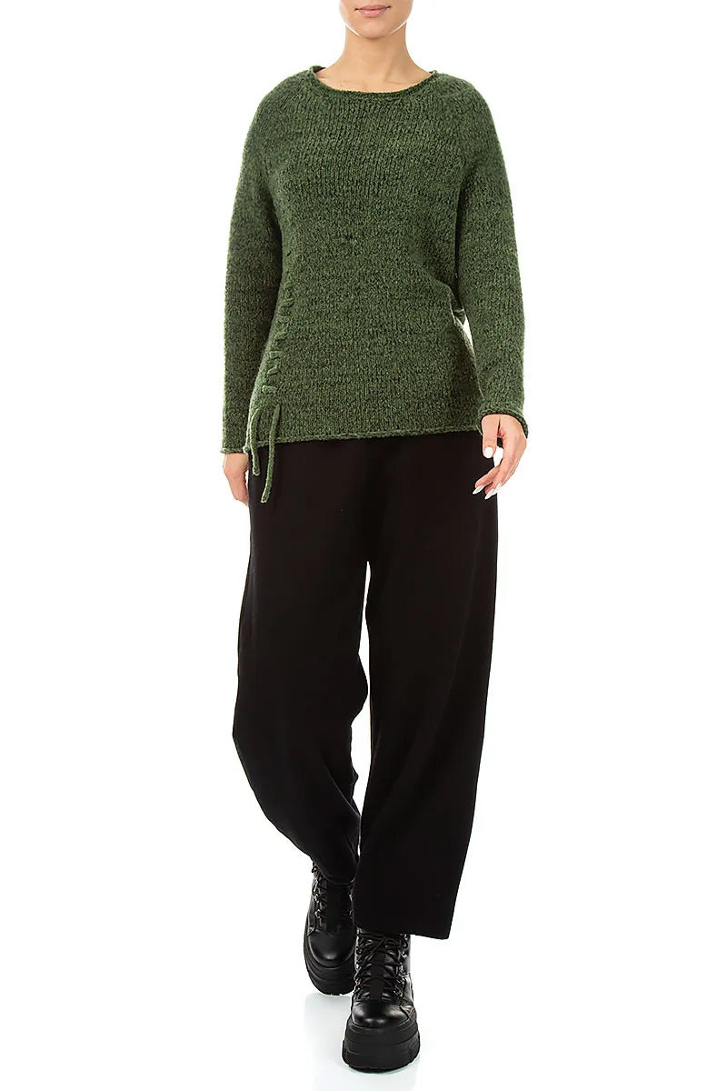 Lace-Up Dark Sage Wool Sweater 4