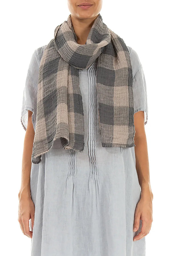 Large Check Beige Gauze Linen Scarf 1