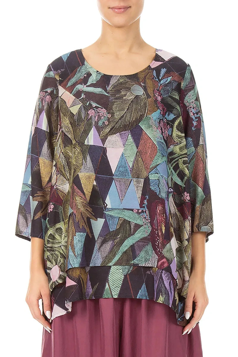 Layered 3/4 Sleeves Art Mosaic Silk Bamboo Blouse 1
