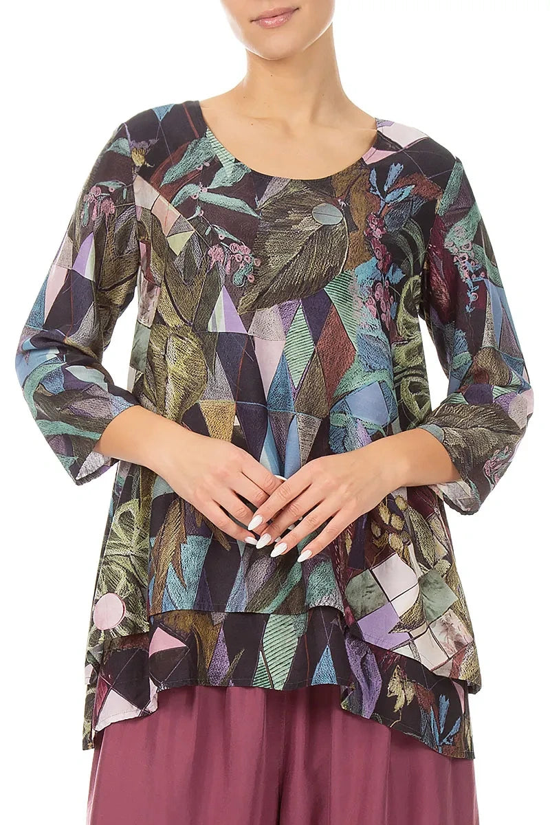 Layered 3/4 Sleeves Art Mosaic Silk Bamboo Blouse 3