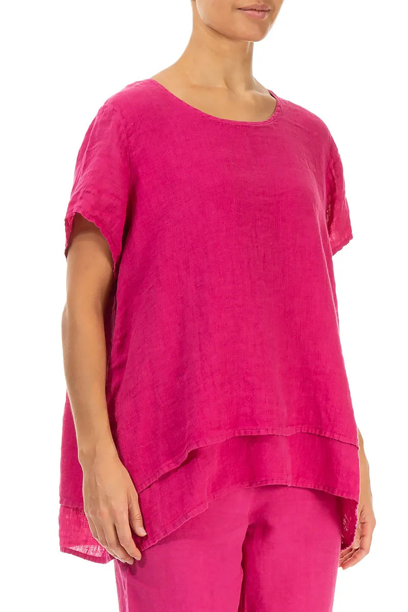 Layered Short Sleeves Fuchsia Gauze Linen Blouse 3