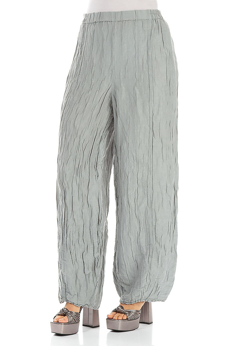 Long Crinkled Light Grey Silk Linen Trousers 3