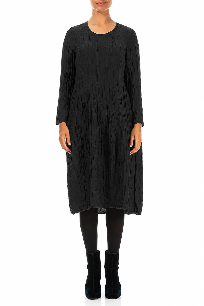 Long Sleeve Balloon Crinkled Black Silk Linen Dress 1