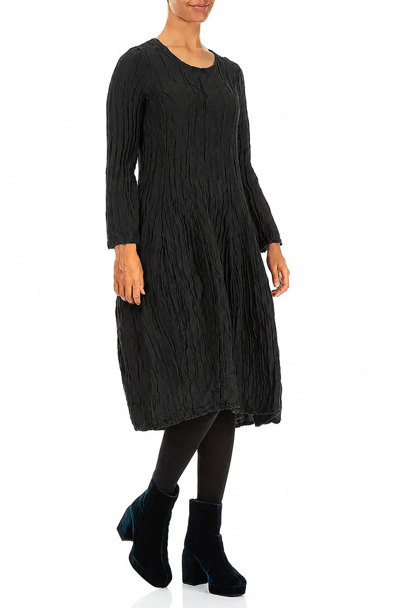 Long Sleeve Balloon Crinkled Black Silk Linen Dress 3