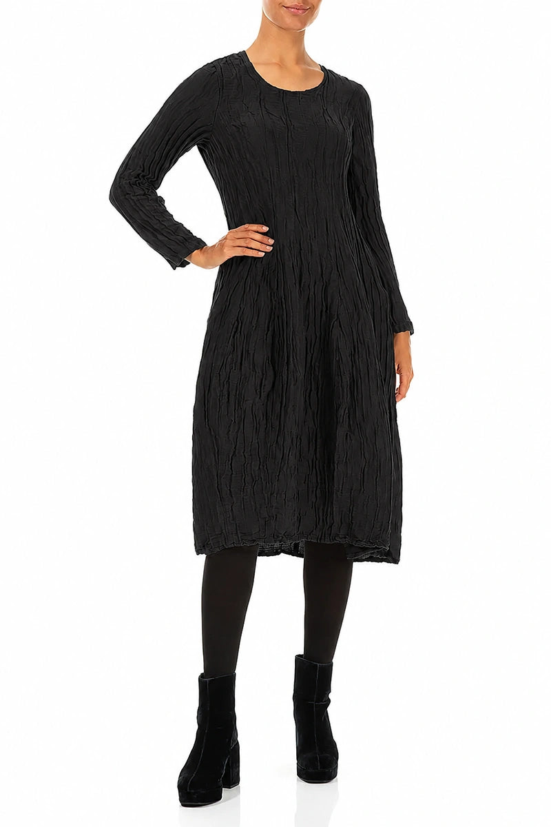Long Sleeve Balloon Crinkled Black Silk Linen Dress 4