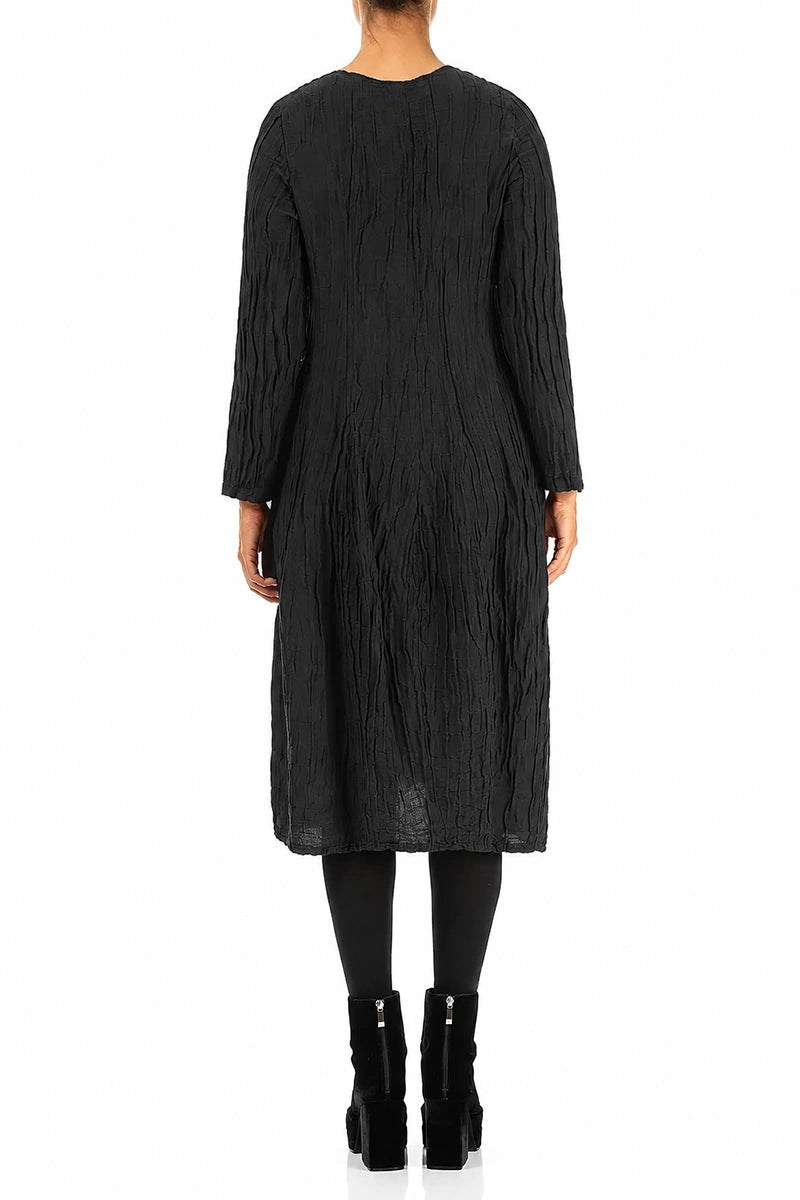 Long Sleeve Balloon Crinkled Black Silk Linen Dress 2