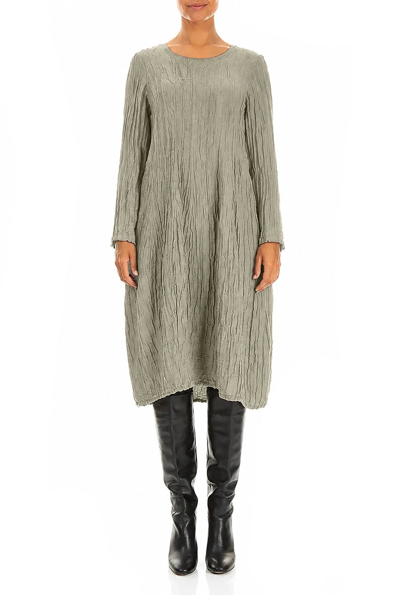 Long Sleeve Balloon Crinkled Olive Grey Silk Linen Dress 1