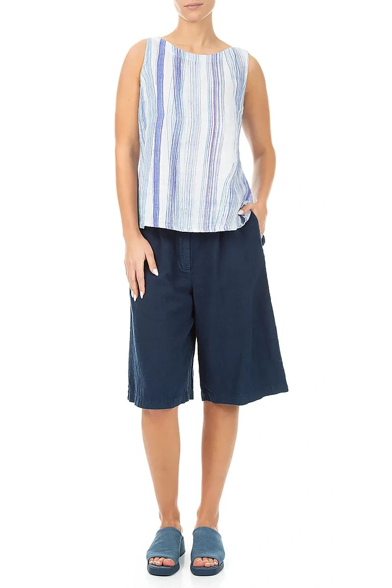Longer Back Sleeveless Blue Wash Stripe Linen Top 4