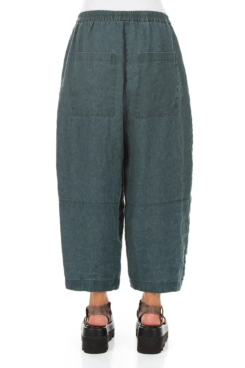 Loose Back Pockets Teal Linen Trousers 2