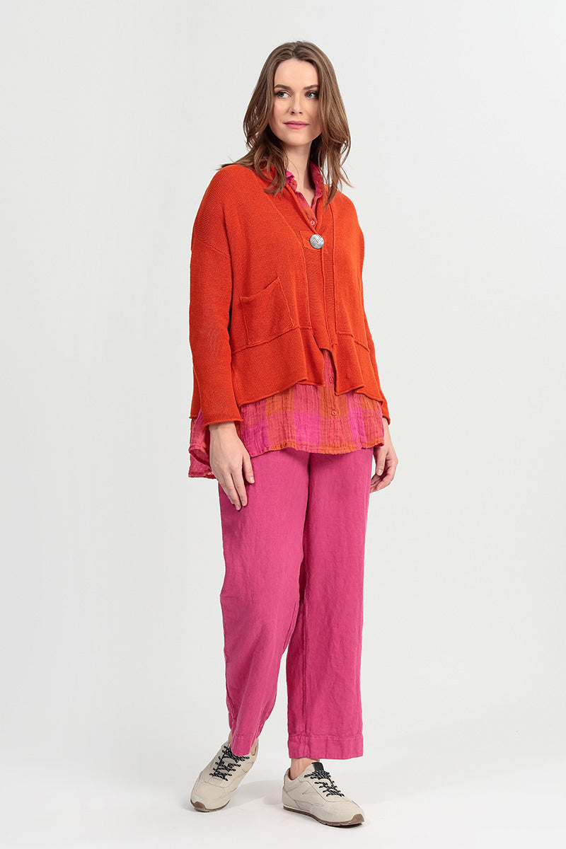 Loose Large Check Pink Orange Gauze Linen Shirt 7