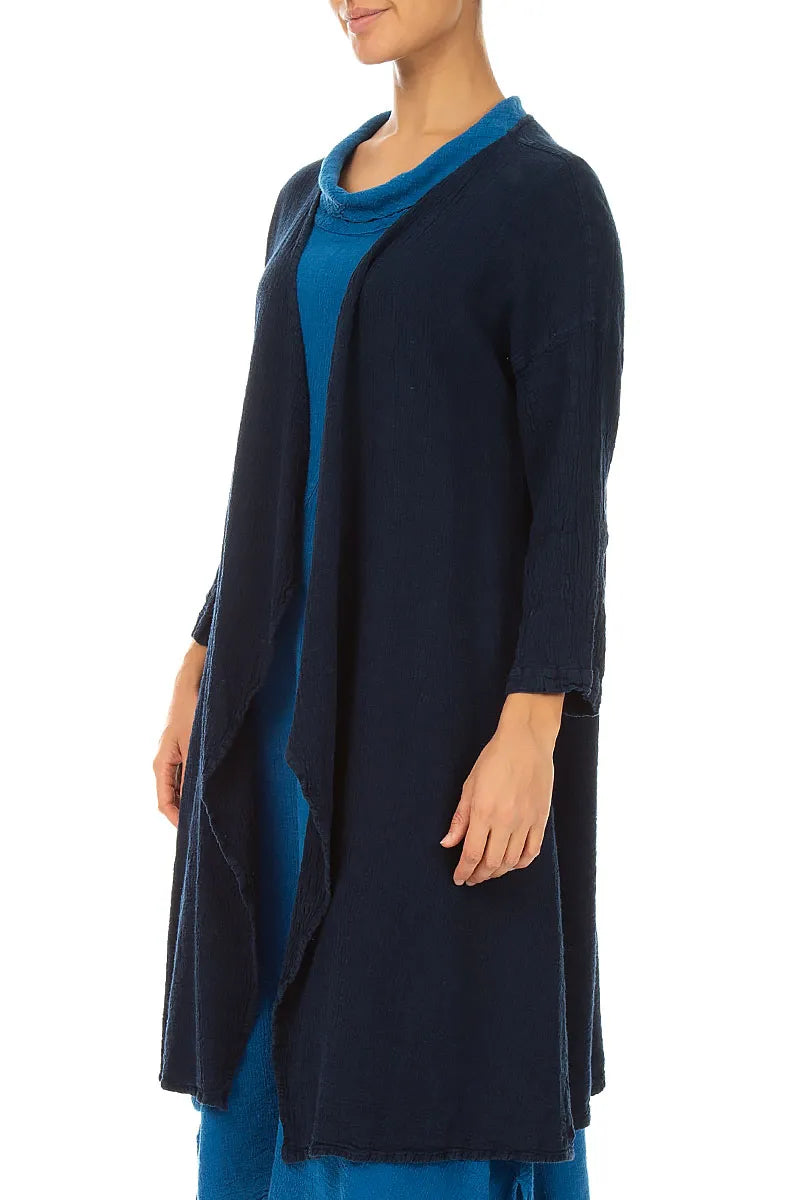 Open Front Navy Linen Viscose Jacket 3