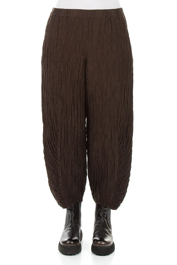 Ruched Hem Truffle Brown Crinkled Silk Linen Trousers 1