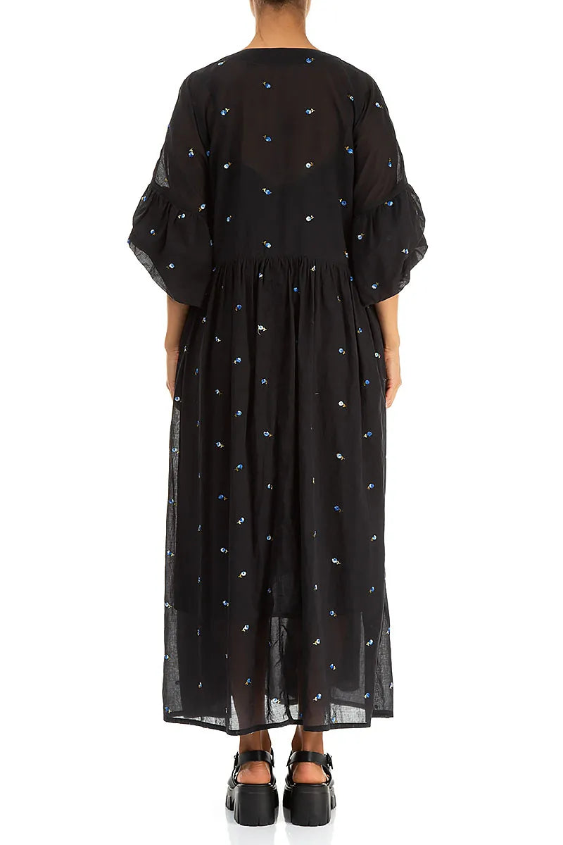 Ruffle Sleeve Black Embroidered Petals Cotton Dress 3