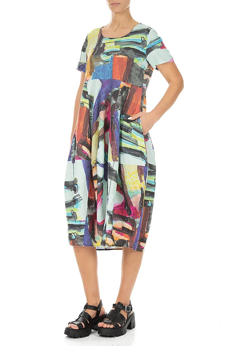 Short Sleeves Balloon Abstract Linen Dress 4