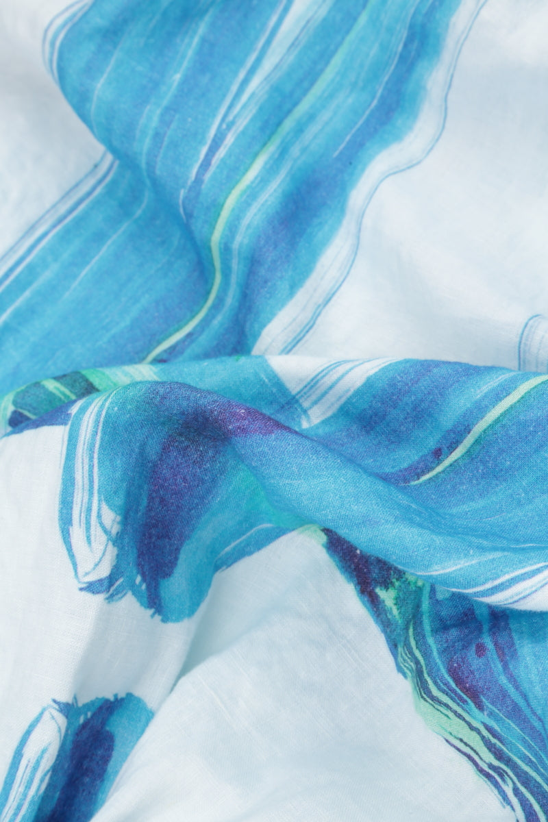 Short Sleeves Balloon Blue Brushstroke Linen Dress 5