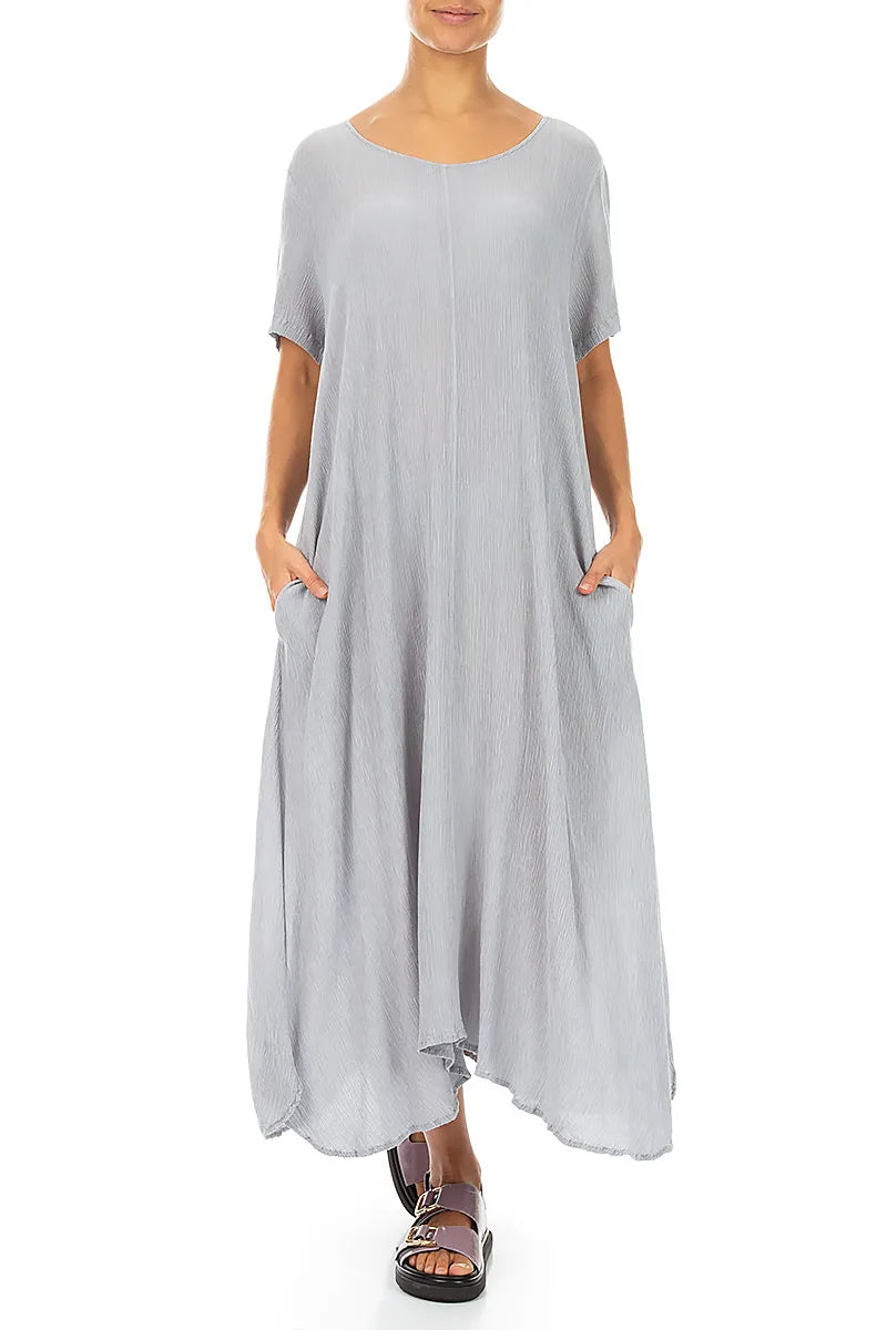 Short Sleeves Flared Silver Grey Silk Viscose Dress 4