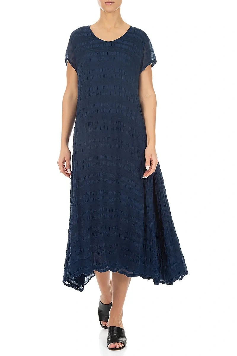 Short Sleeves Navy Light Silk Dress 4
