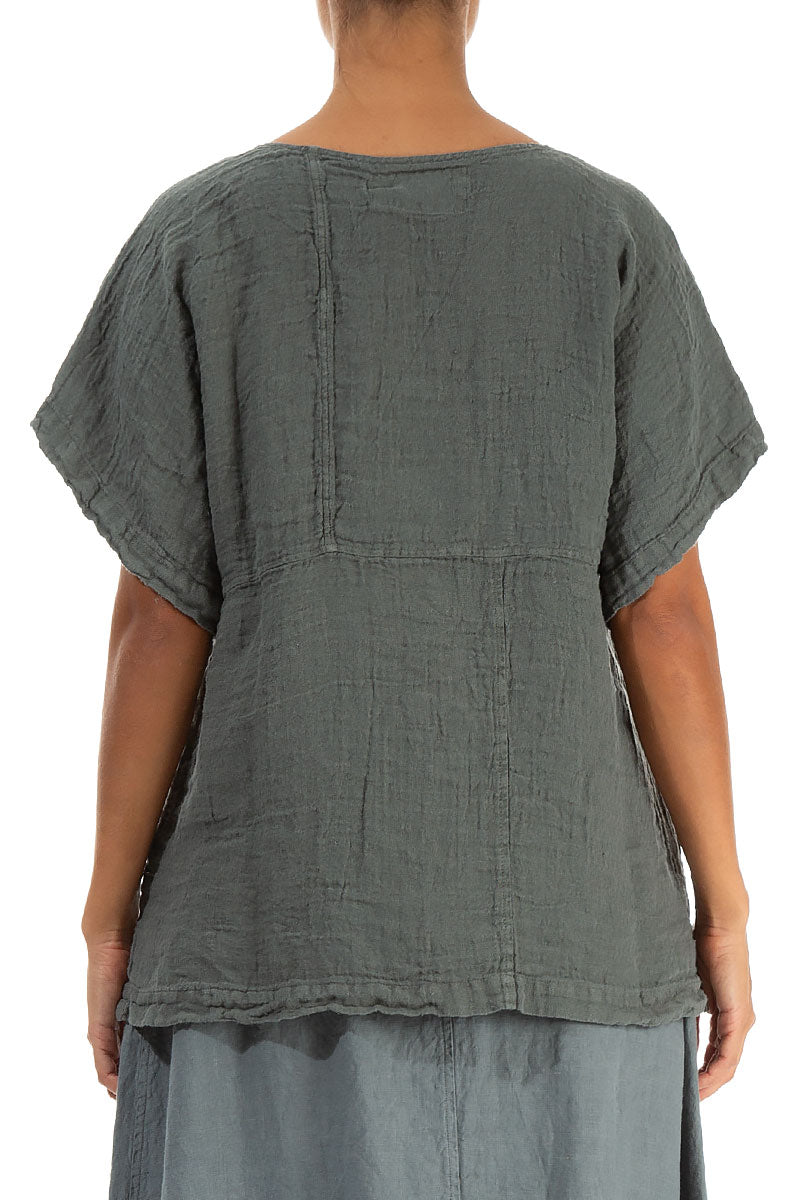 Short Sleeves Sage Crêpe Linen Blouse 2