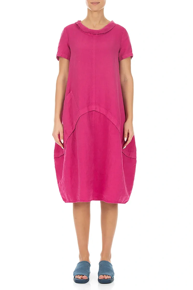 Short Sleeves Sculpted Fuchsia Linen Dress 1