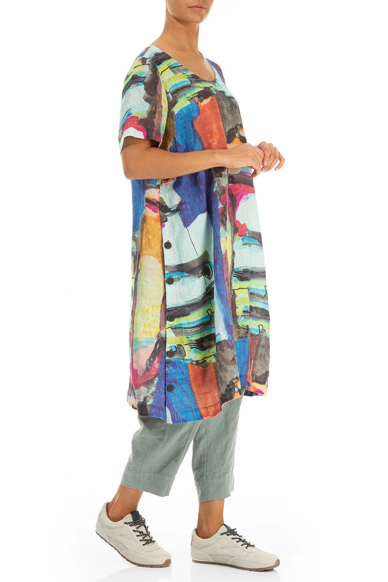 Side Buttons Abstract Linen Tunic Dress 4