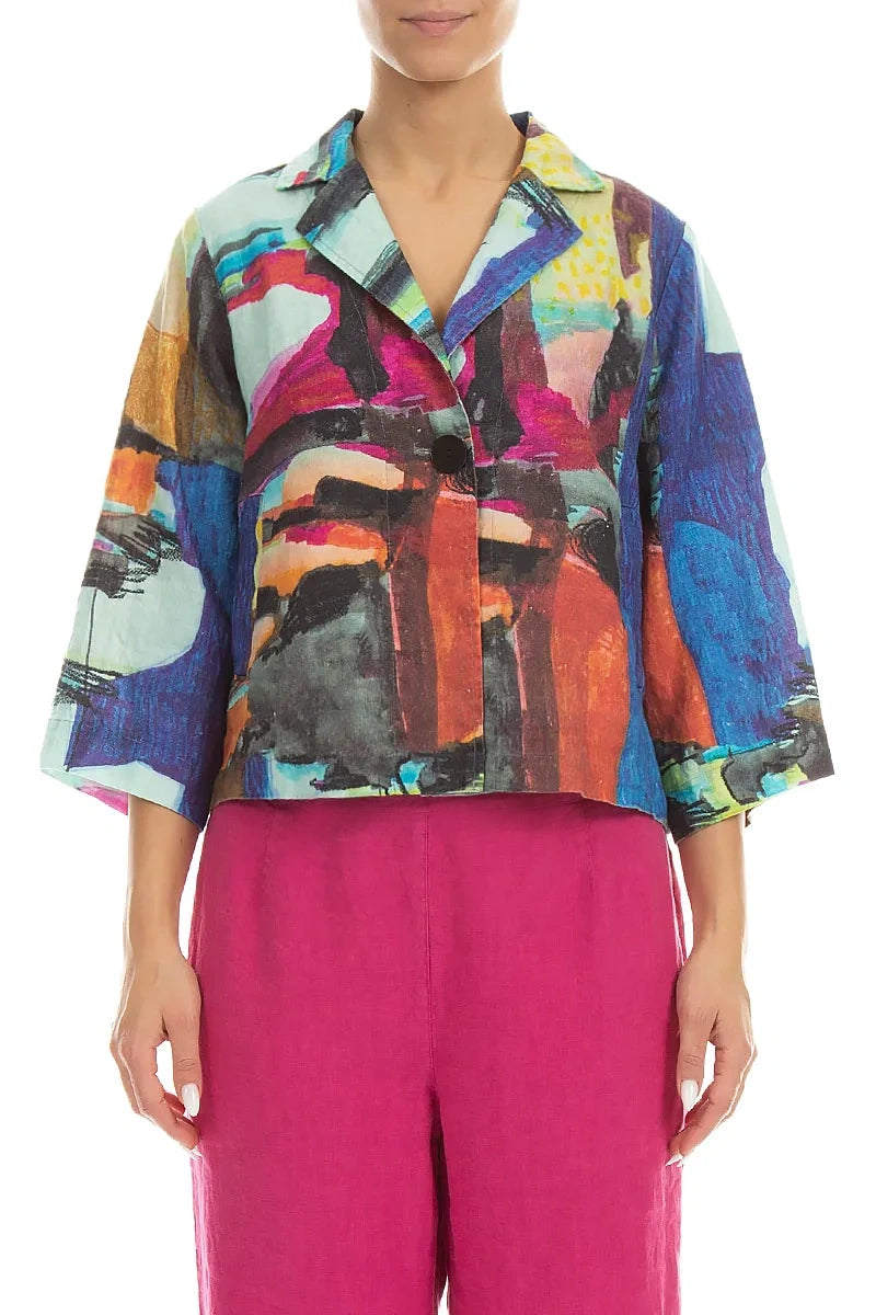 Single Button Abstract Linen Blazer Jacket 1