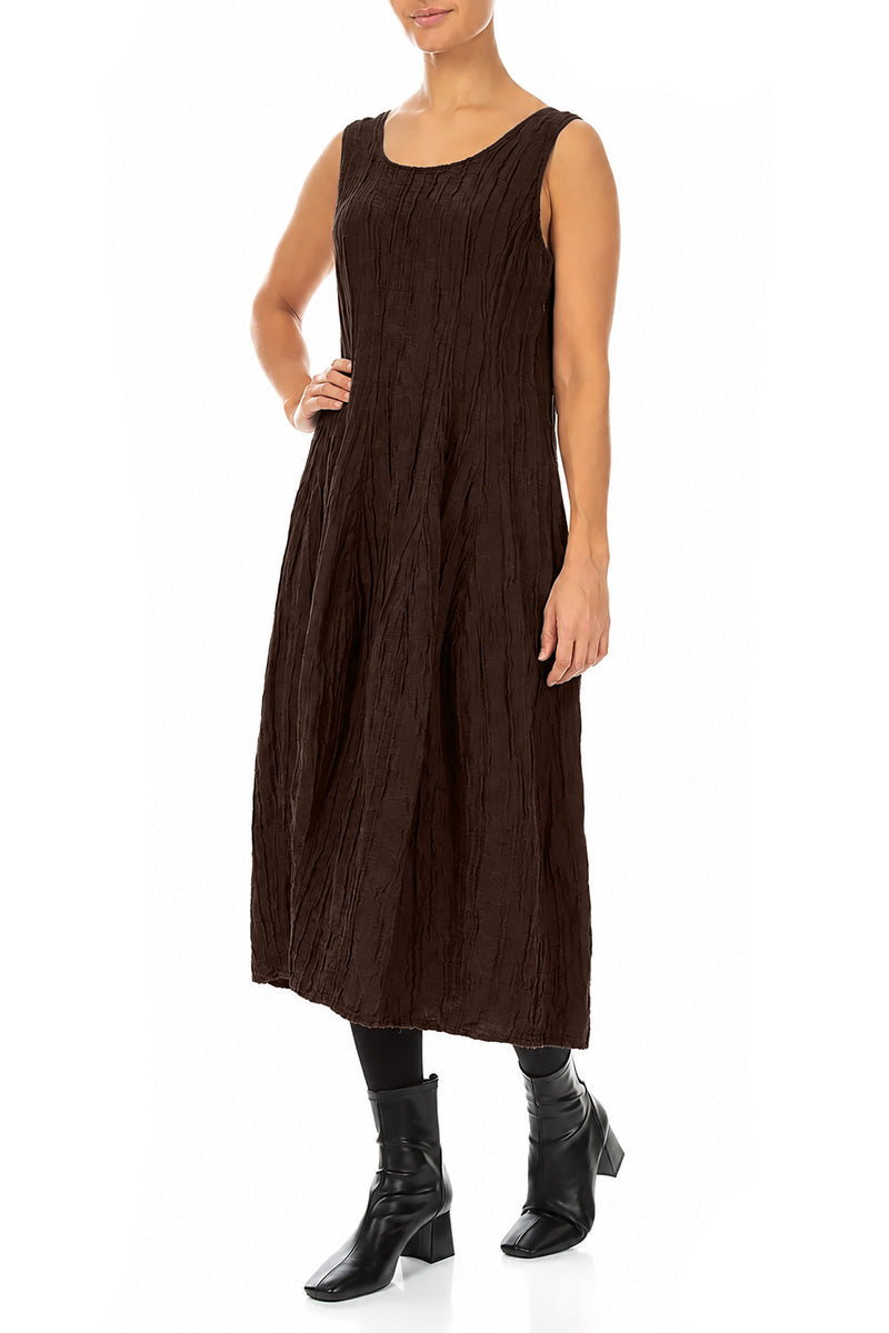 Robe ballon sans manches froissée en soie et lin Brun truffe