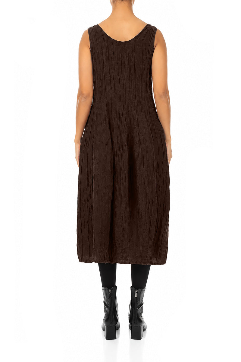 Robe ballon sans manches froissée en soie et lin Brun truffe